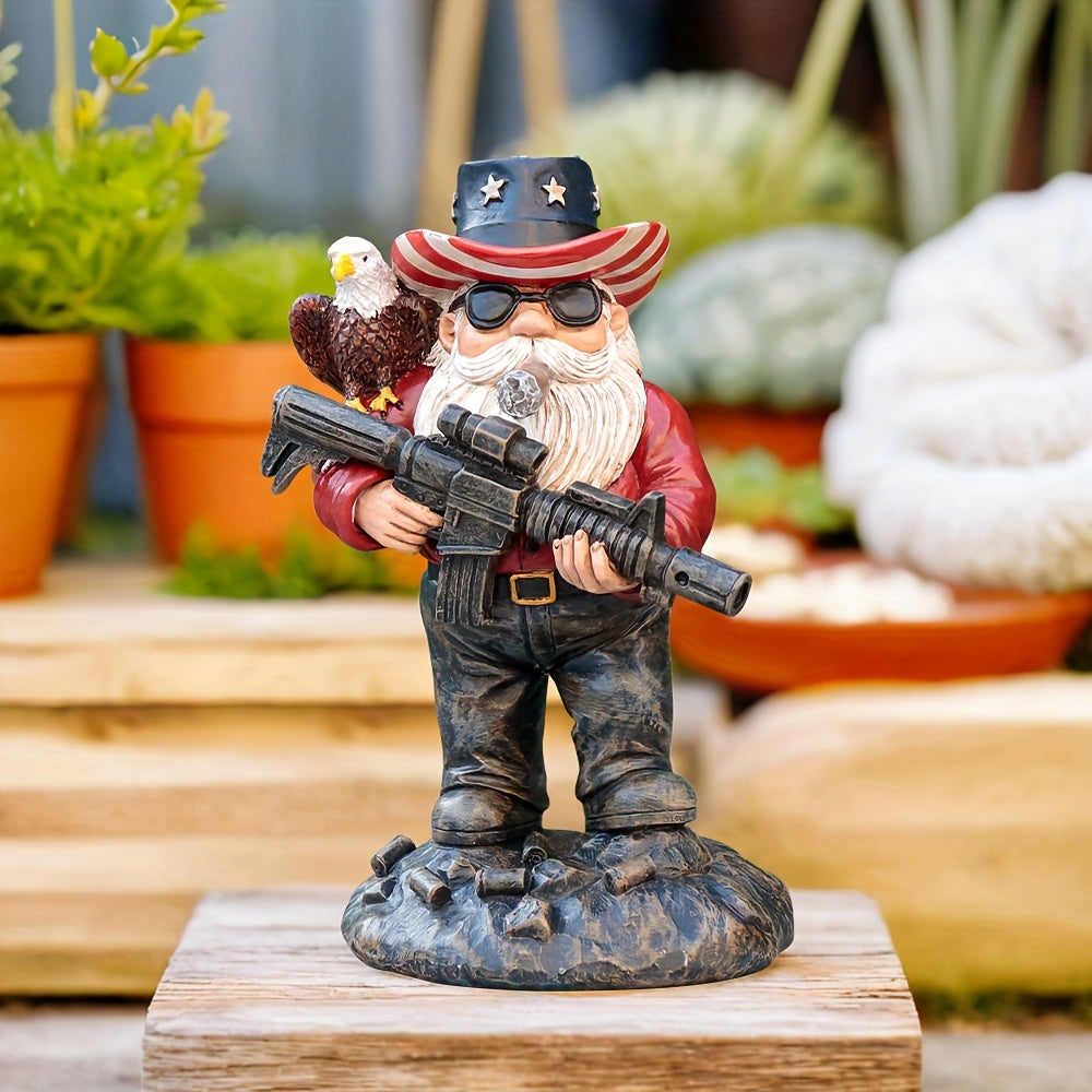 5.1in x 2.95in x 2.55in - PATRIOTIC CITIZEN SOLDIER MILITARY GNOME W/RIFLE & EAGLE