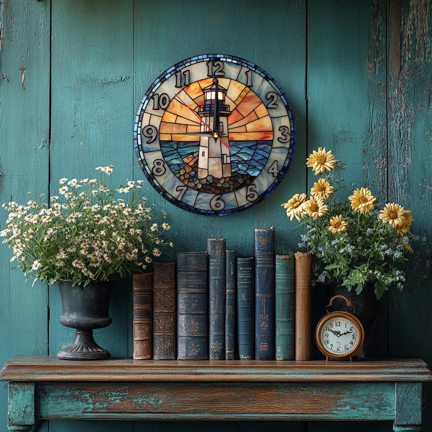 1pc 12in x 12in -  RUSTIC ROUND WOODEN LIGHTHOUSE WALL CLOCK