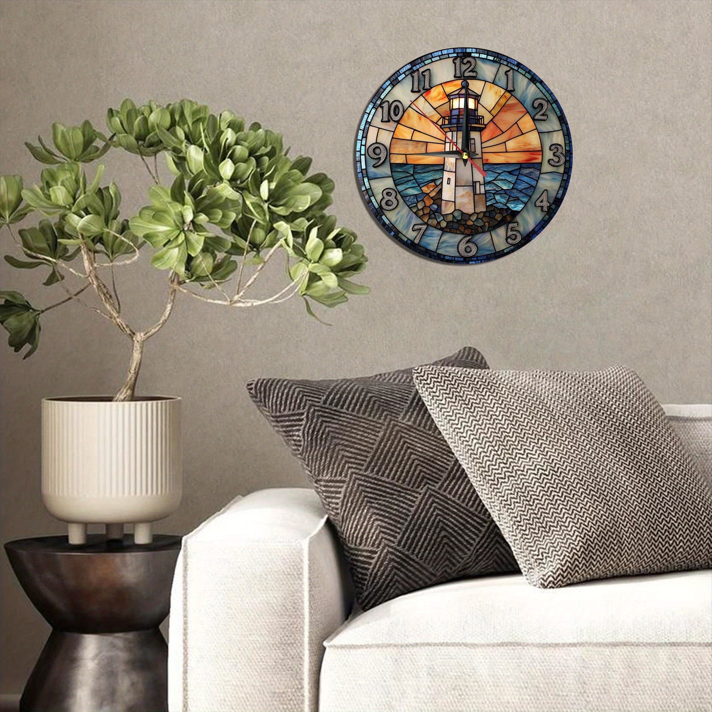 1pc 12in x 12in -  RUSTIC ROUND WOODEN LIGHTHOUSE WALL CLOCK
