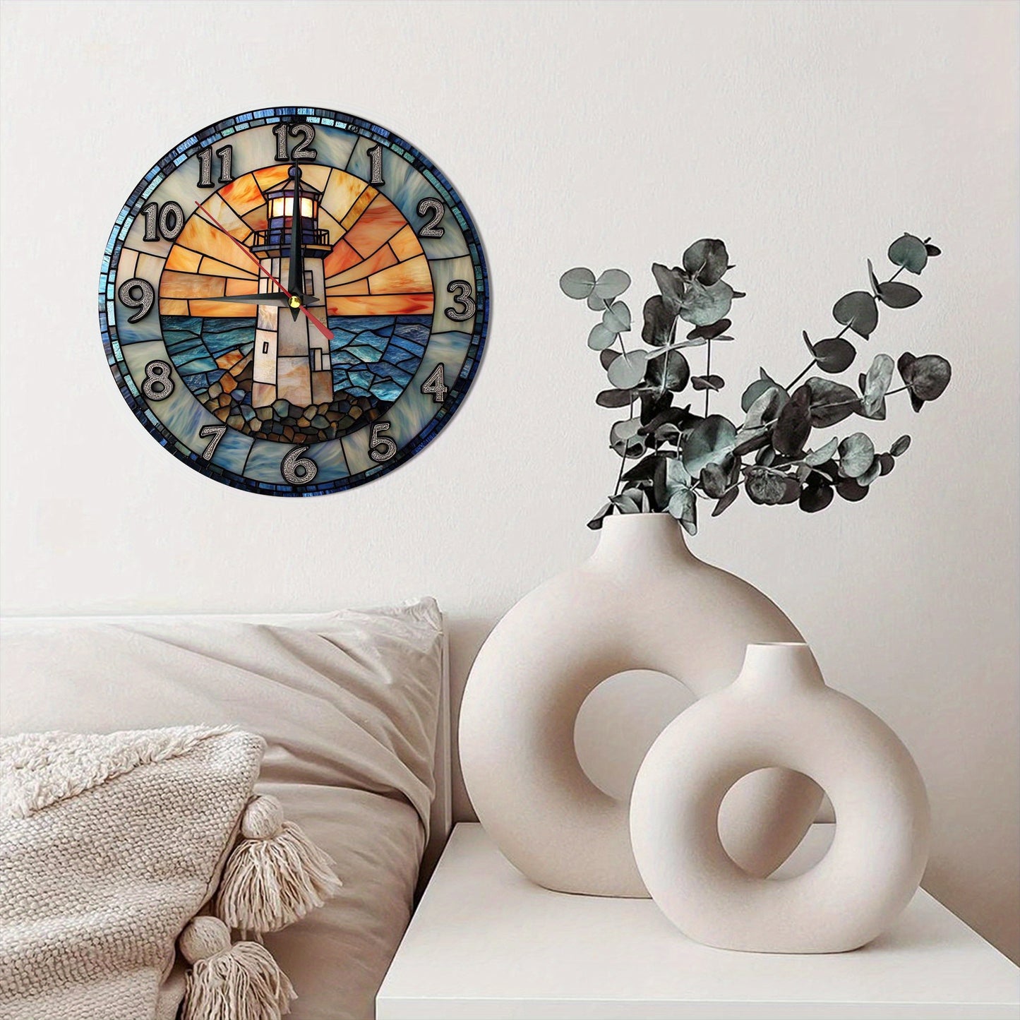 1pc 12in x 12in -  RUSTIC ROUND WOODEN LIGHTHOUSE WALL CLOCK