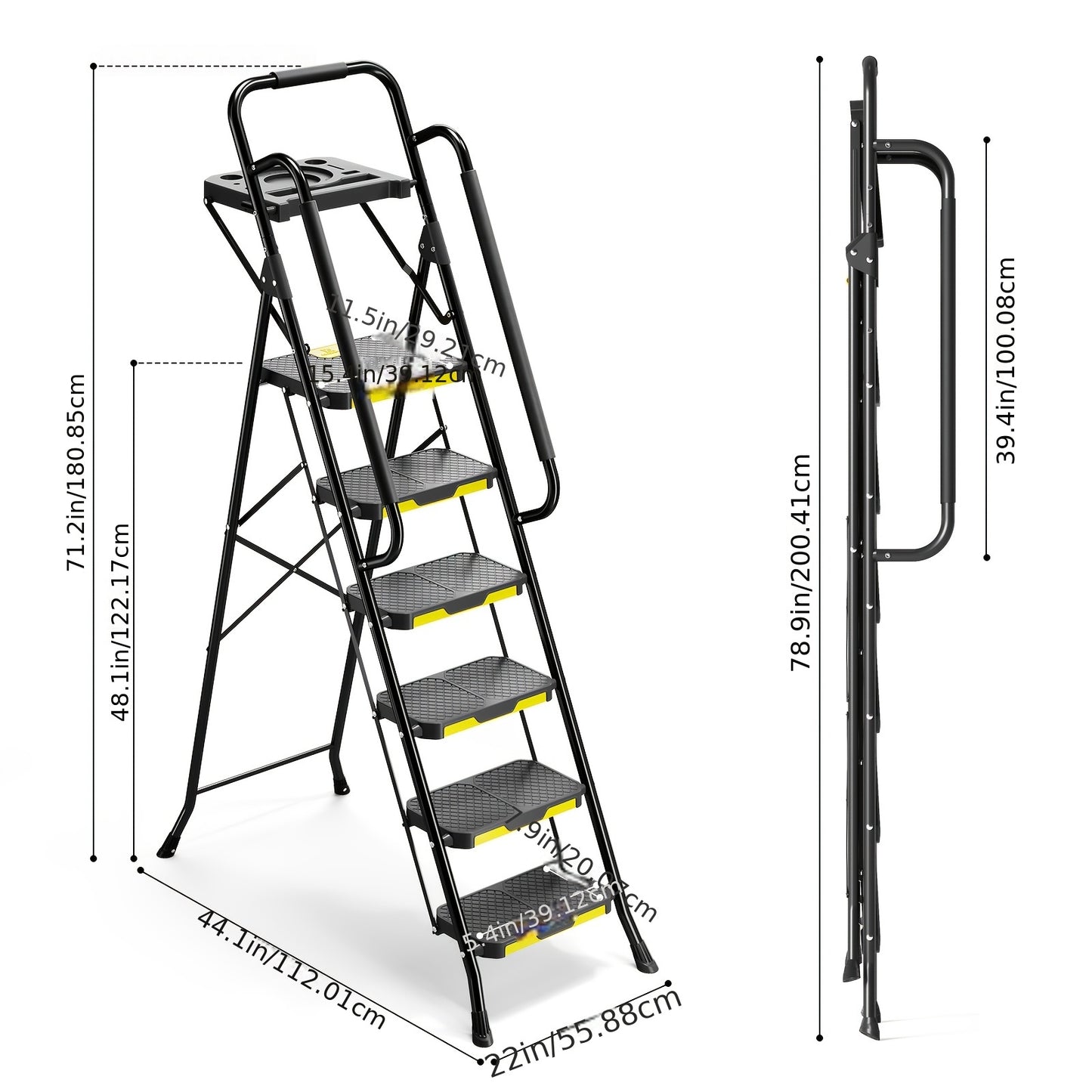 800lbs, 6-STEP - FOLDING STOOL/LADDER W/TOOL PLATFORM & HAND RAILS