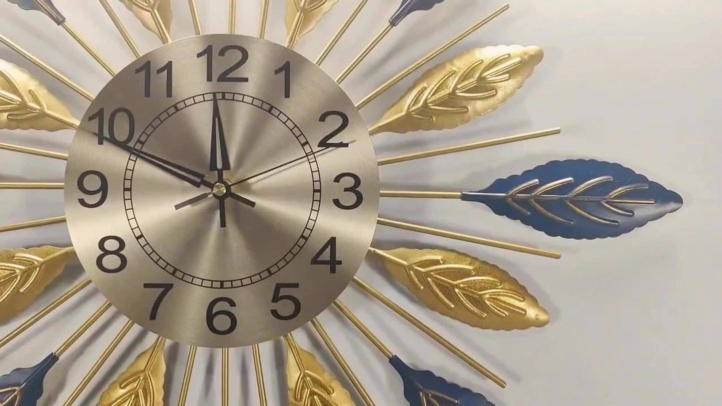 21.6 in - GOLDEN BLUE METAL LEAF DESIGN WALL CLOCK