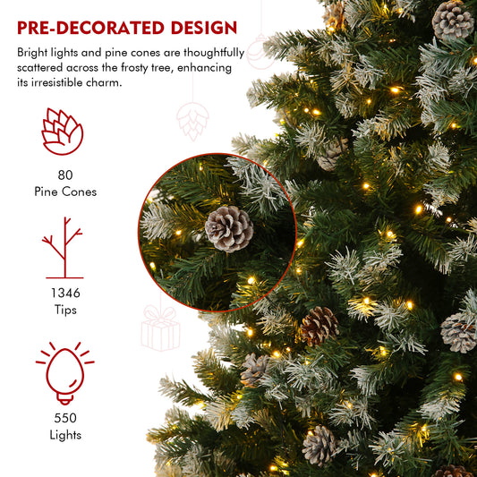 7.5ft - LARGE PRE-LIT ARTIFICIAL CHRISTMAS TREE, W/80 PINE CONES