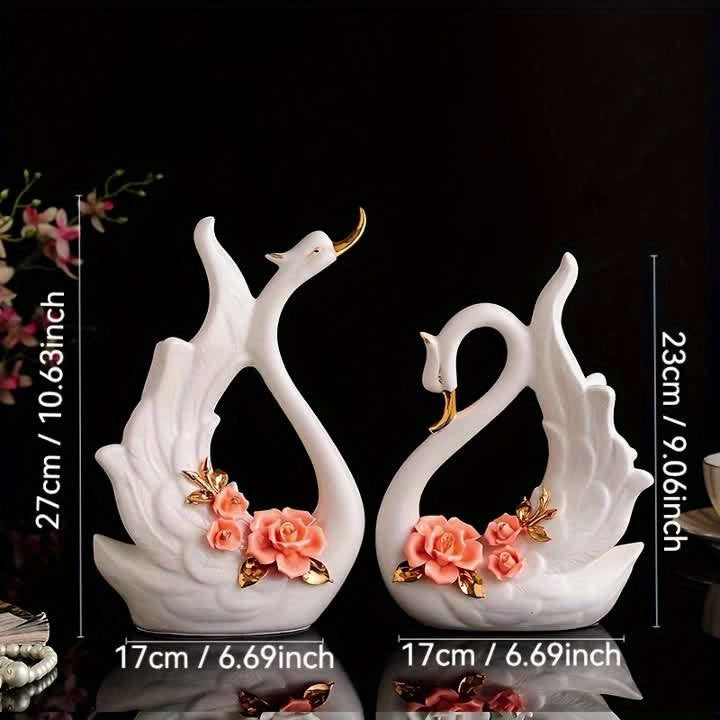 2pcs - ELEGANT CERAMIC SWAN COUPLE STATUES HOME DECORATION