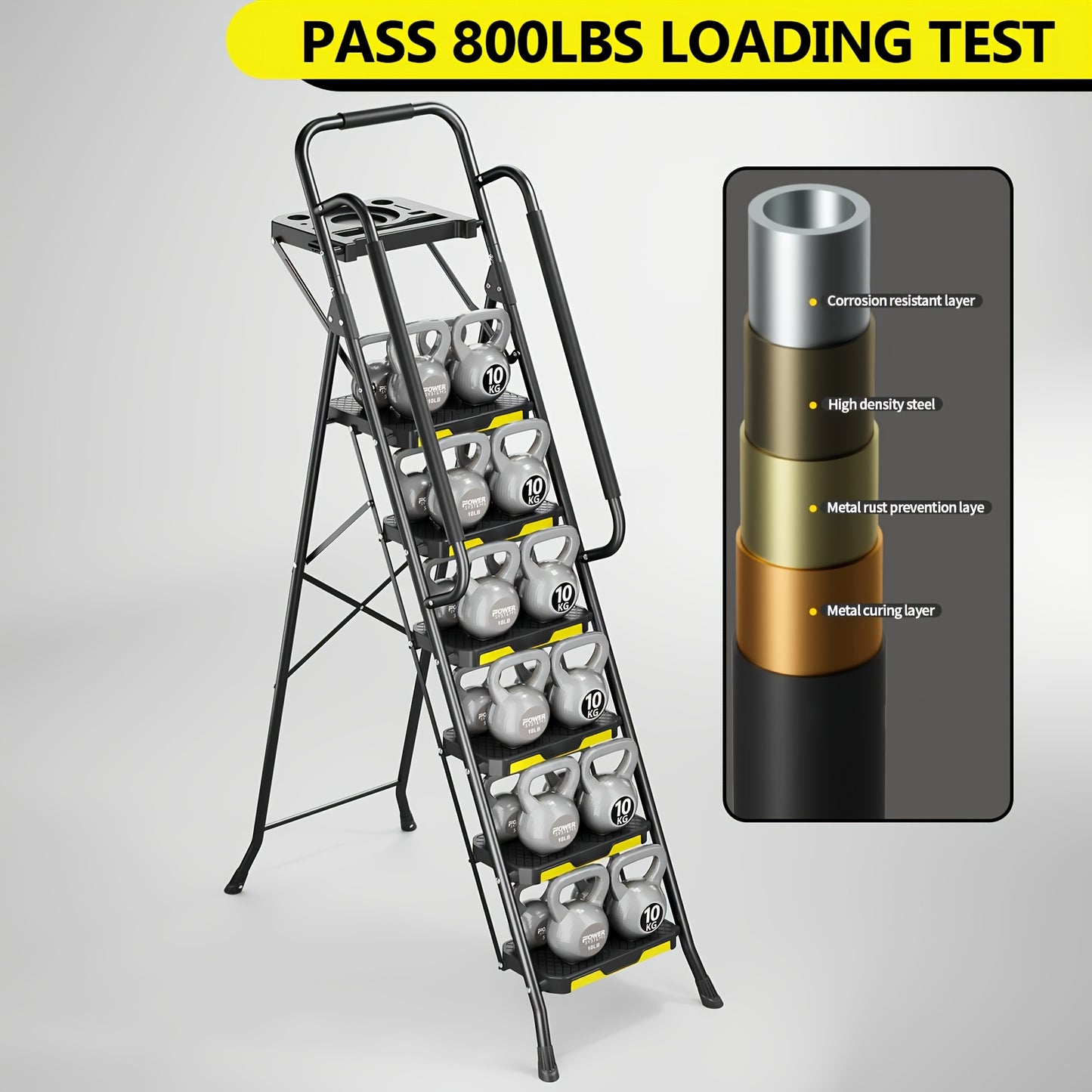 800lbs, 6-STEP - FOLDING STOOL/LADDER W/TOOL PLATFORM & HAND RAILS