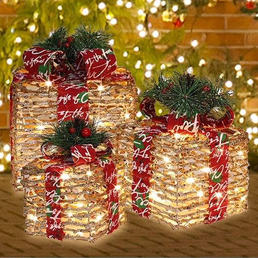 SET OF 3 - LED LIT RATTAN GIFT BOXES DECORATIONS