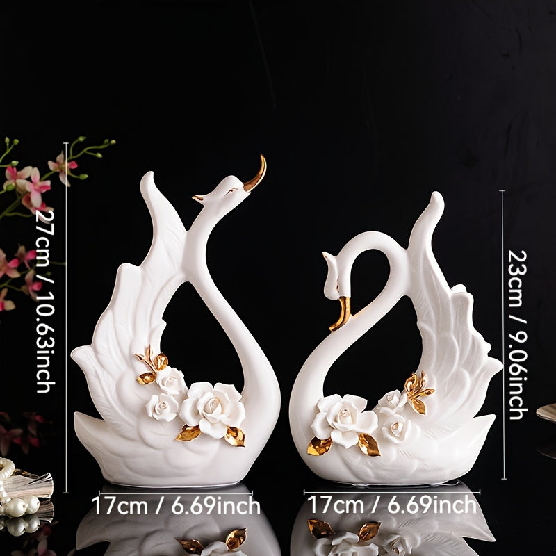2pcs - ELEGANT CERAMIC SWAN COUPLE STATUES HOME DECORATION
