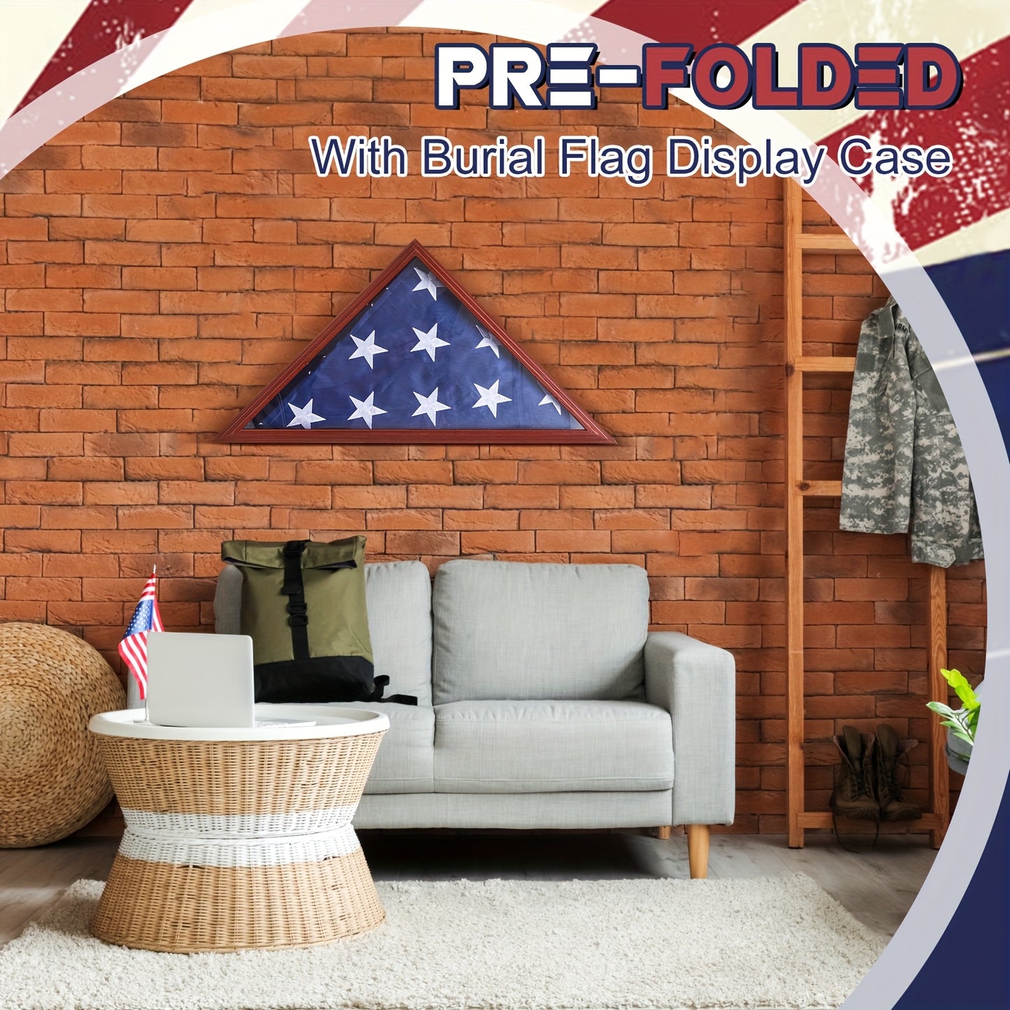 5ft x 9.5ft - FOLDED AMERICAN BURIAL FLAG W/DISPLAY CASE