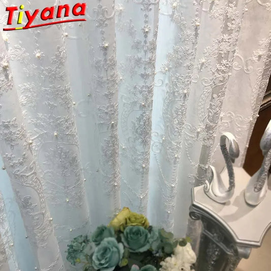 WHITE ELEGANT GEOMETRIC EMBROIDERY BEADS CURTAINS