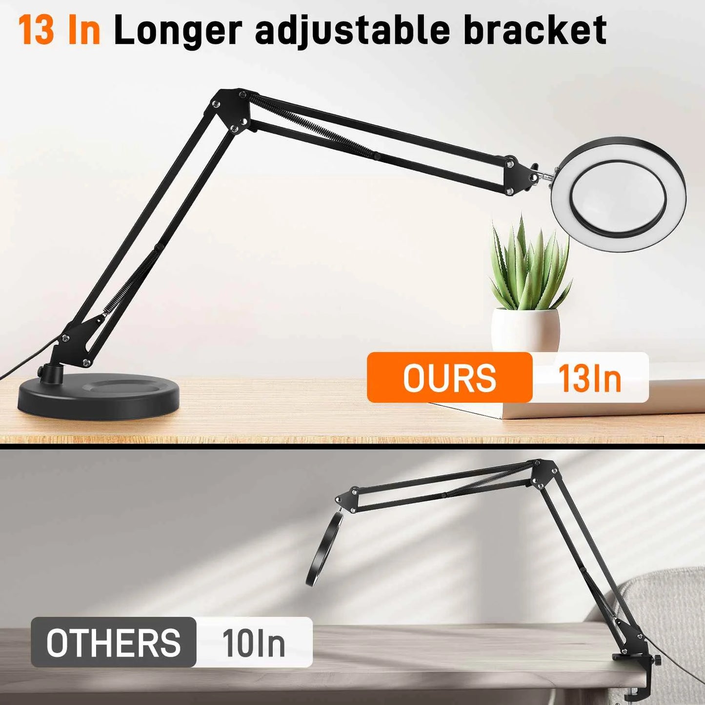3-COLOR - 10X MAGNIFYING GLASS LED LAMP 10-LEVELS W/CLAMP STAND