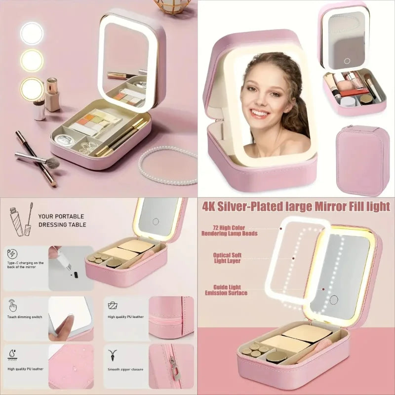 1X/10X MAGNIFICATION PINK FAUX LEATHER LED COMPACT MIRROR