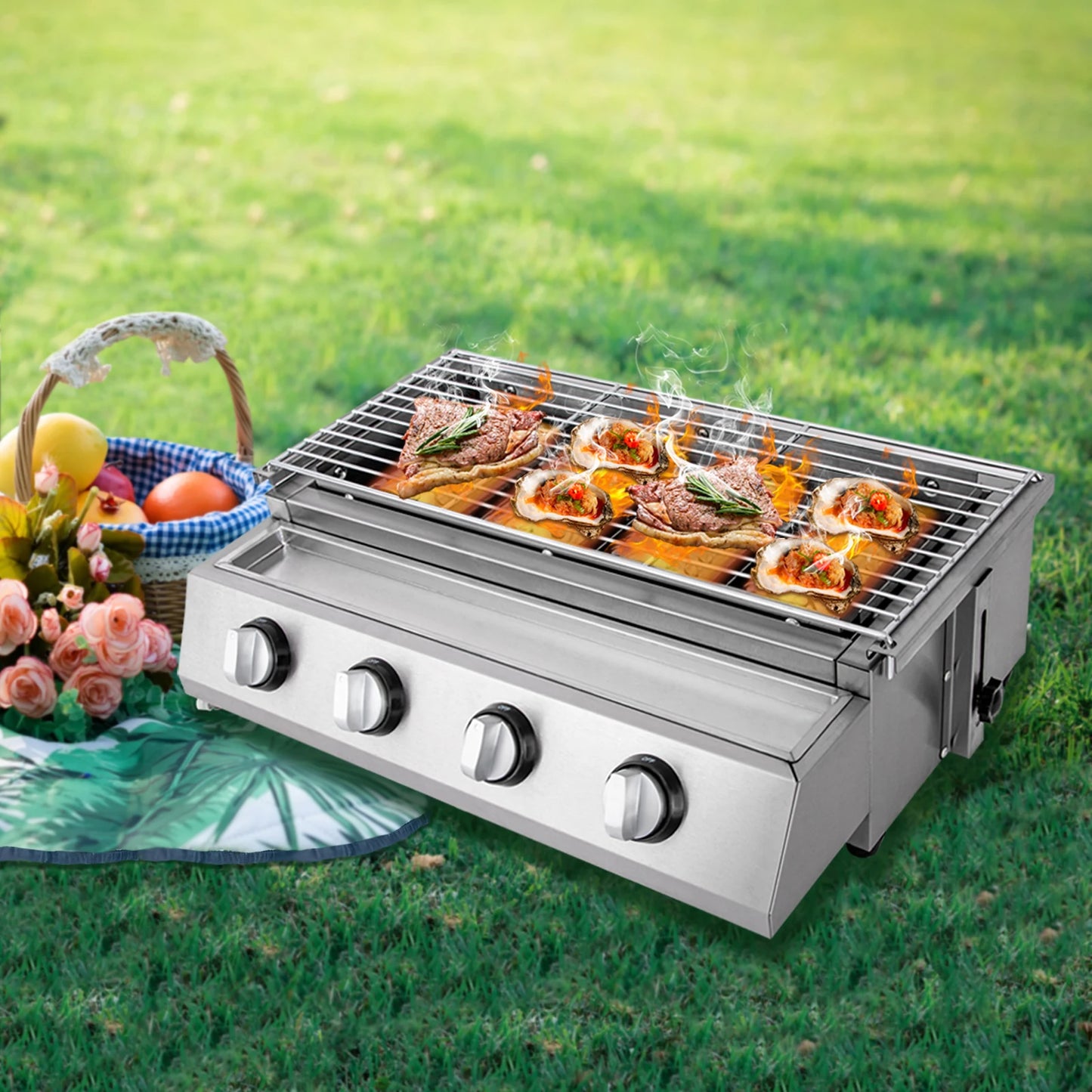 4-BURNER - STAINLESS STEEL SMOKELESS BARBECUE GRILL ROASTER