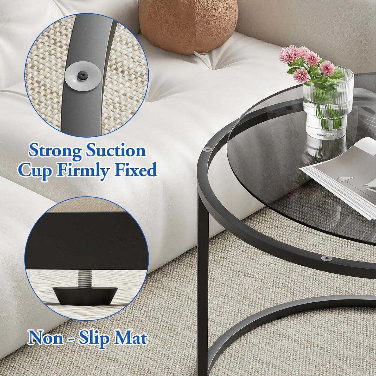 2pcs, 23.6in x 23.6in x 17.7in - GREY GLASS SMALL ROUND NESTING COFFEE TABLE