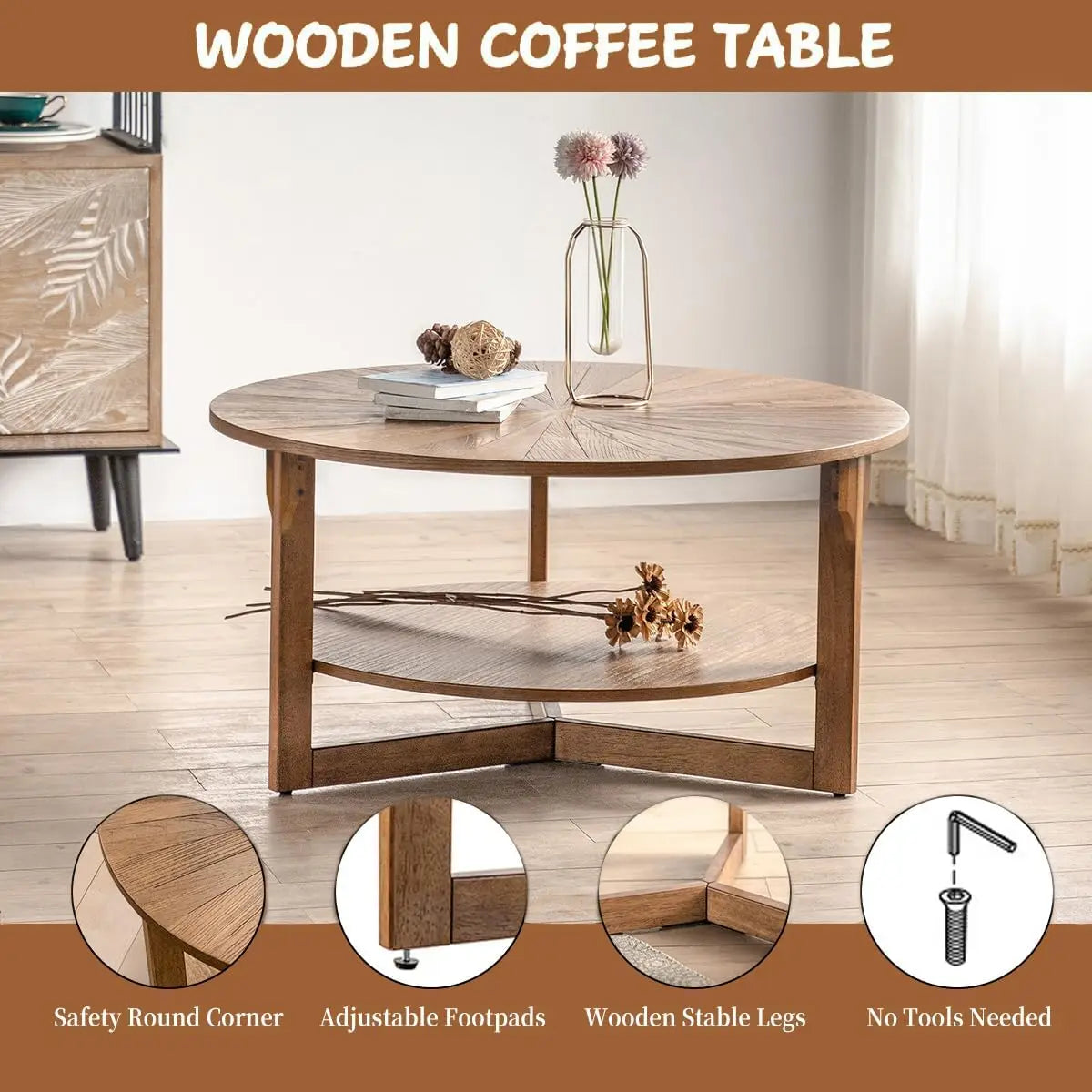 35in x 35in x 17.8in - 2-TIER ROUND RUSTIC WOODEN COFFEE TABLE W/STORAGEe Table for Living Room, 2 Tier Circle Coffee Table with Storage, Rustic Natural Coffee Table (35" Dx35 Wx18 H)
