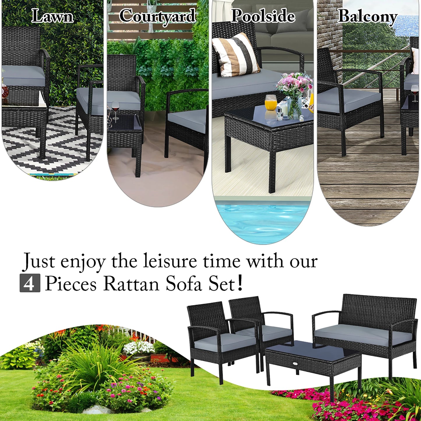 4pcs - PE RATTAN/WICKER METAL FRAME PATIO FURNITURE SET