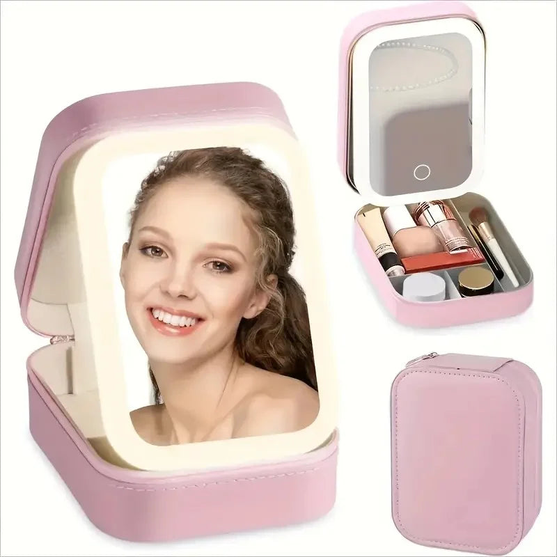 1X/10X MAGNIFICATION PINK FAUX LEATHER LED COMPACT MIRROR