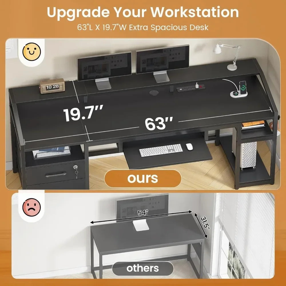OFFICE COMPUTER DESK W/LOCKABLE DRAWERS & LED LIGHTS