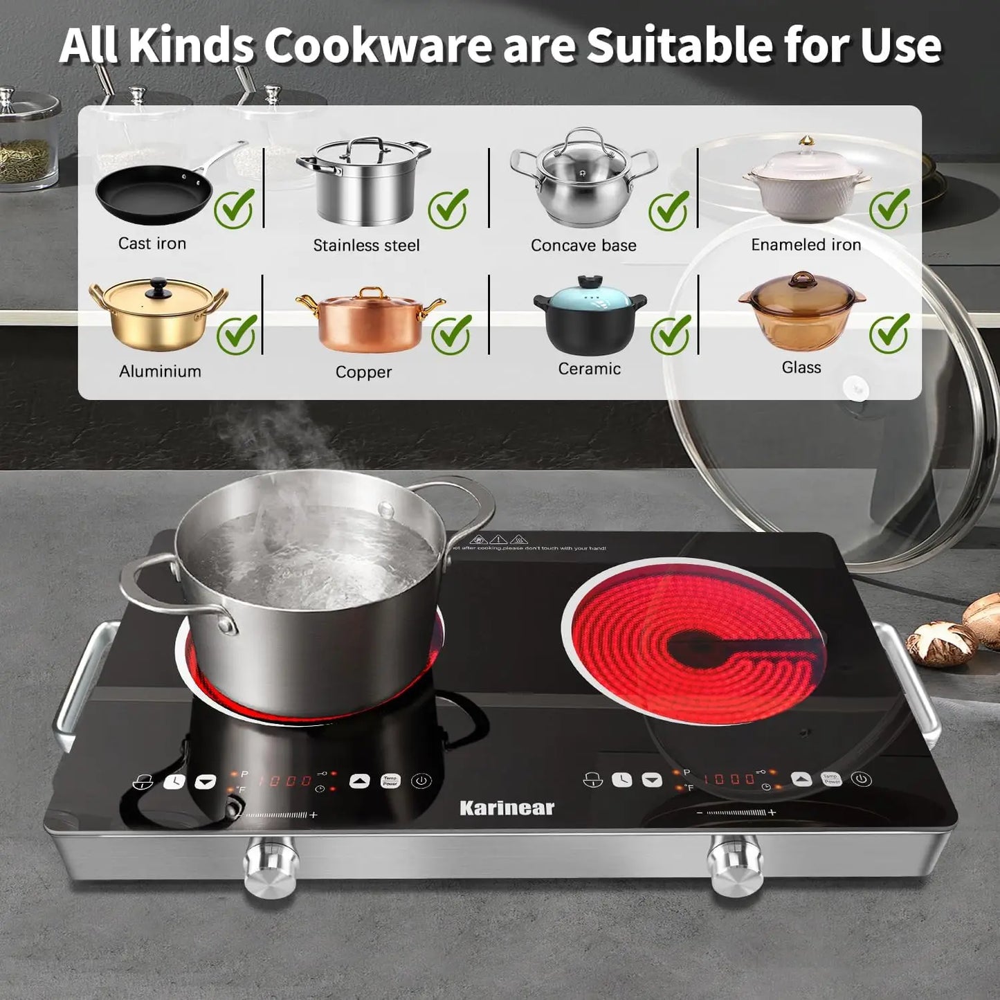 56cm, 240 Volts - Countertop Ceramic Electric Hob 2-Zones, 3200W Plug-in W/Safety Lock