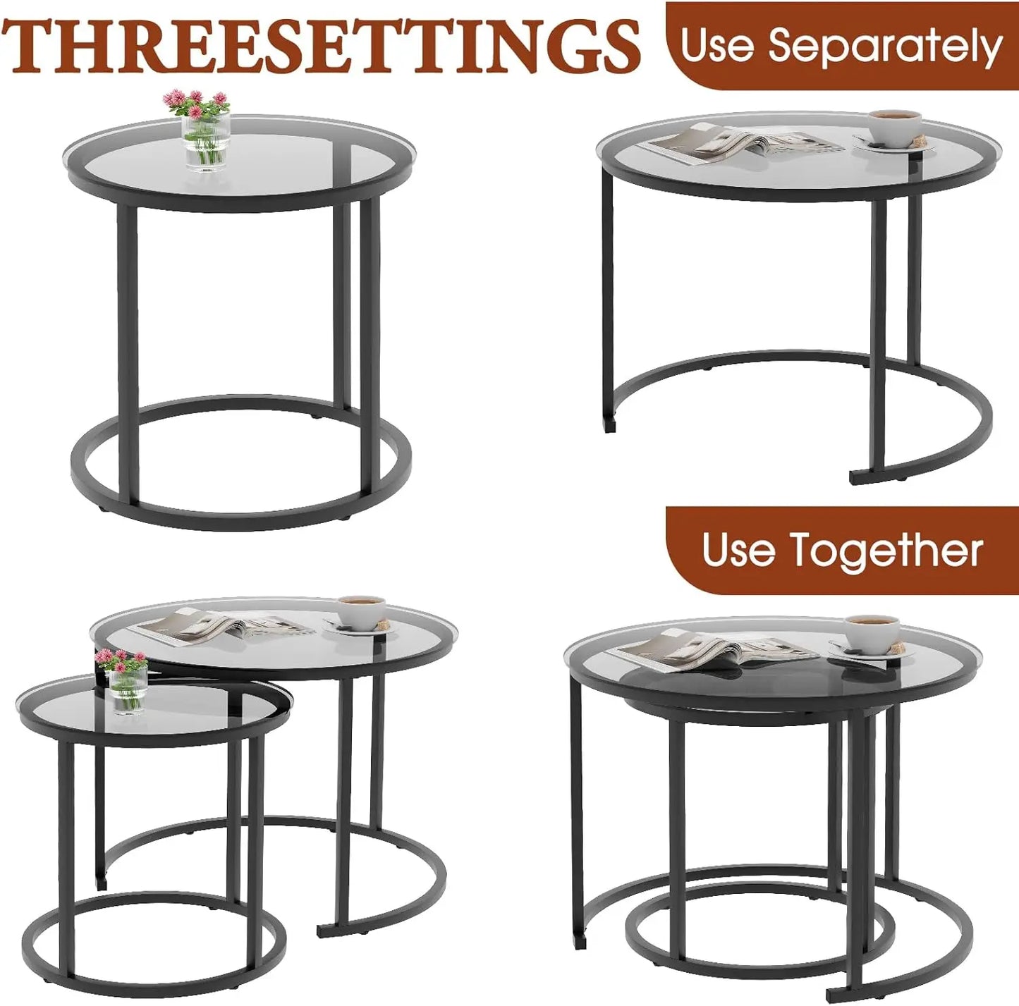 2pcs, 23.6in x 23.6in x 17.7in - GREY GLASS SMALL ROUND NESTING COFFEE TABLE