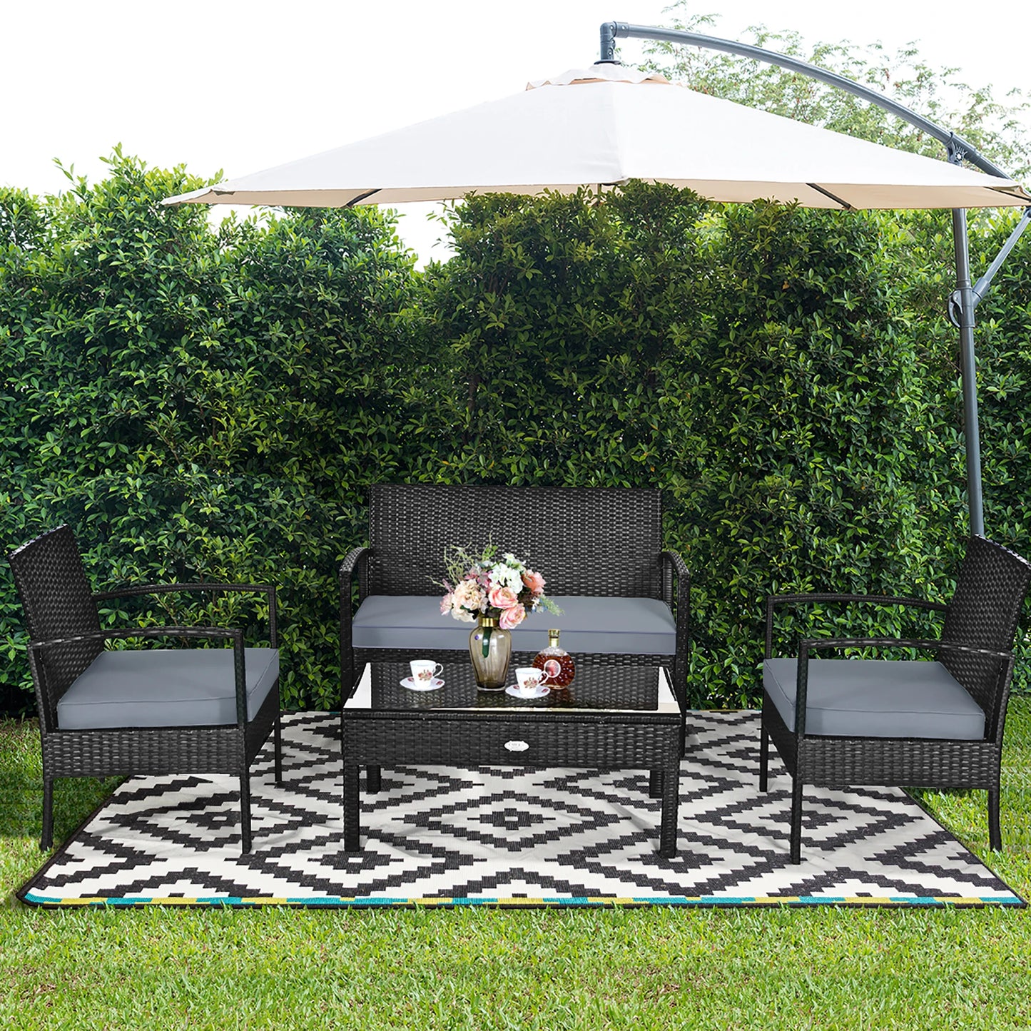 4pcs - PE RATTAN/WICKER METAL FRAME PATIO FURNITURE SET