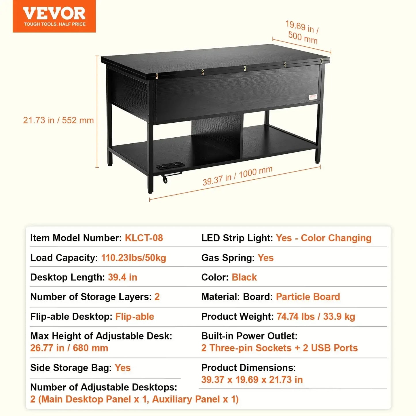 39.4in - LIFT TOP RECTANGULAR COFFEE TABLE W/LIGHT & USB