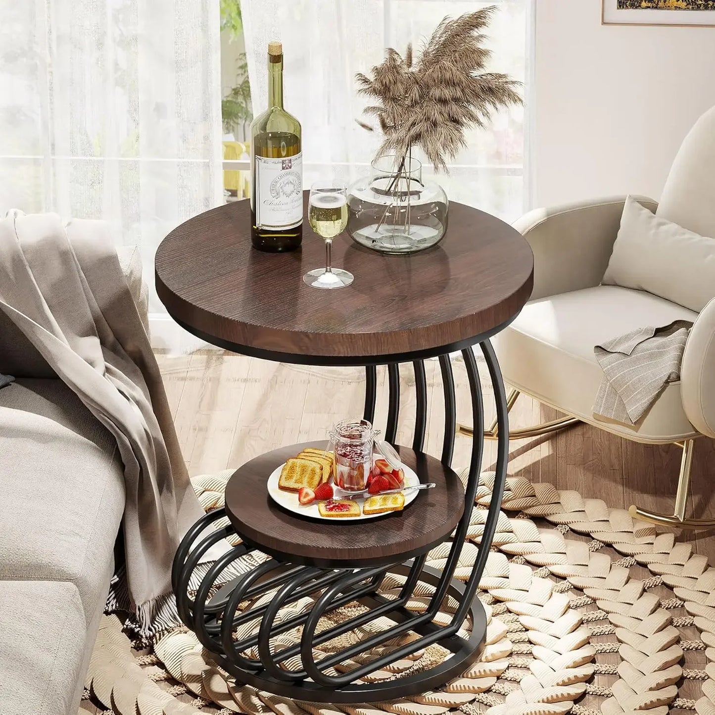 19.68" x 19.68in x 24.8in - ROUND ACCENT END SIDE TABLE 2-TIERS STORAGE