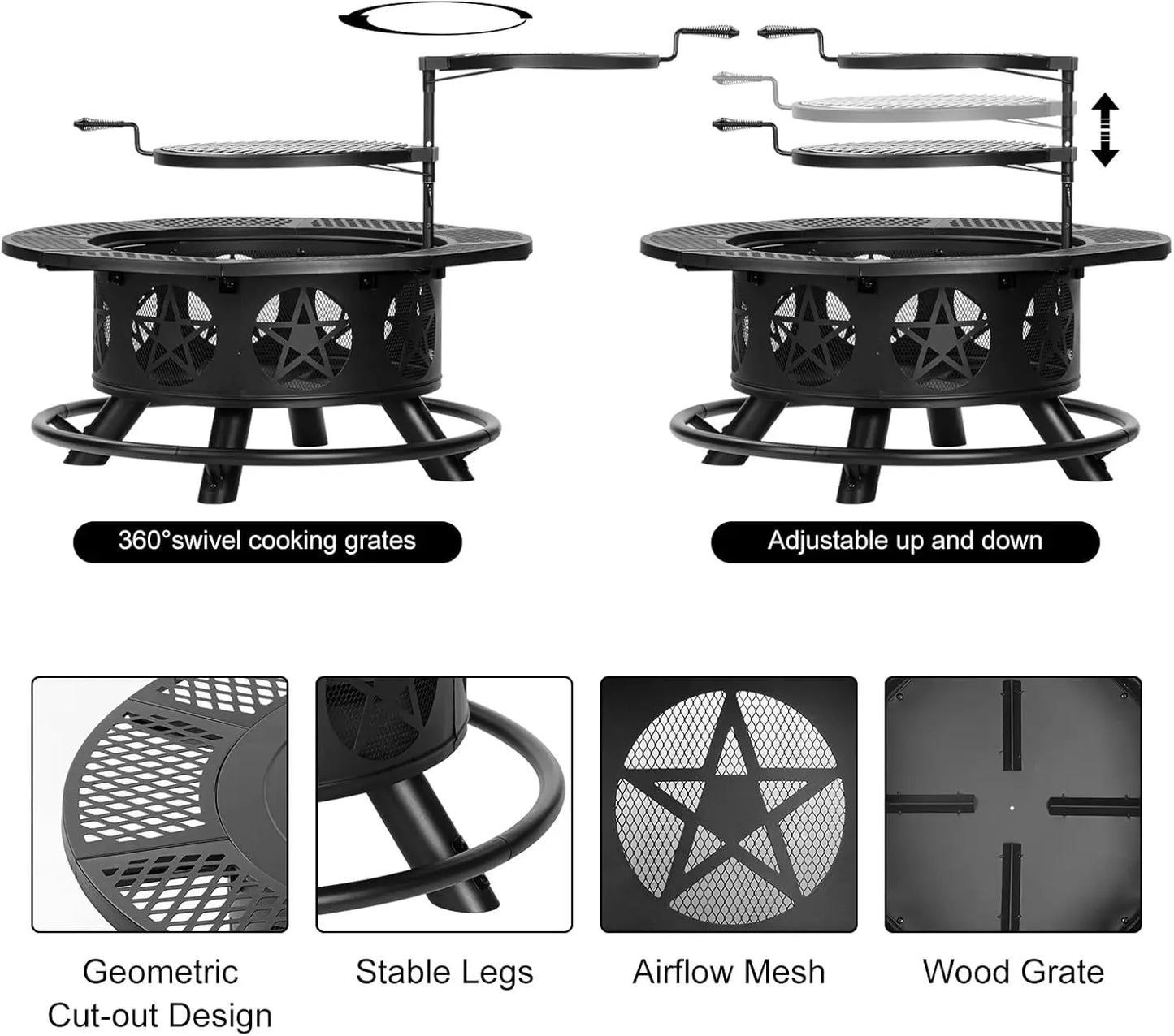 36in x 36in x 29in - WOOD BURNING FIRE PIT W/2-GRILLS, POKER & LID