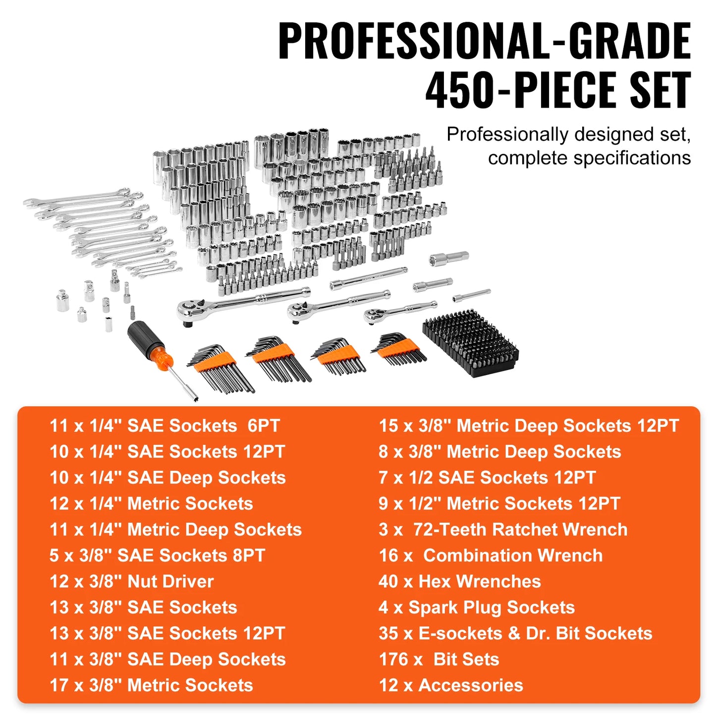 450-Pcs - MECHANICS TOOL SET, INCLUDES 1/4", 3/8", 1/2" DRIVE SOCKET SETS