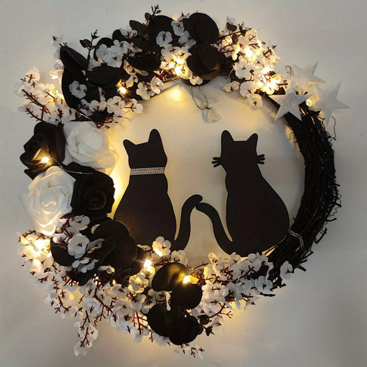 BLACK CAT FRONT DOOR HALLOWEEN WREATH DECORATIONS