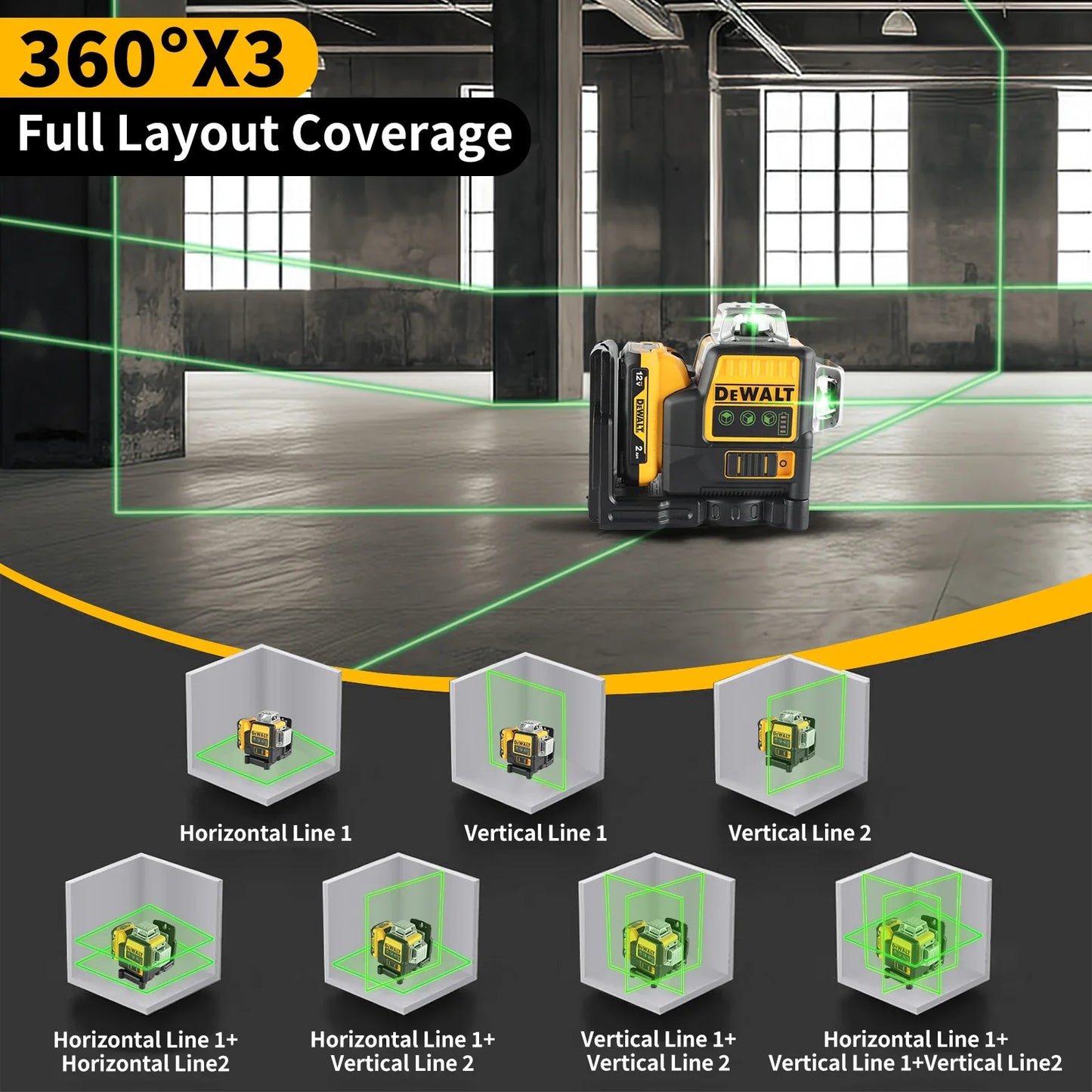 12V, 2.0AH - Dewalt DW089LG 12-LINE LASER-LEVEL W/LITHIUM ION BATTERY