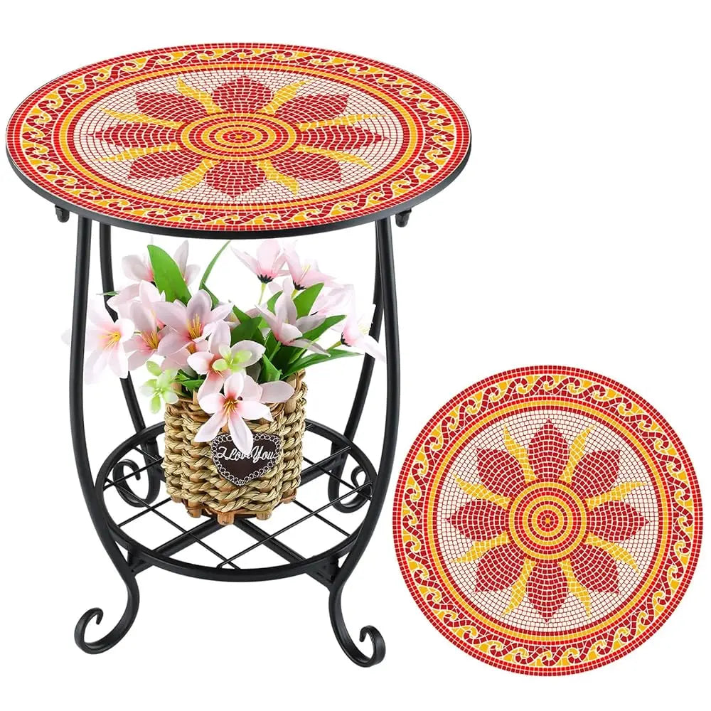 14in - INDOOR/OUTDOOR MOSAIC SIDE TABLE W/PLANT SHELF