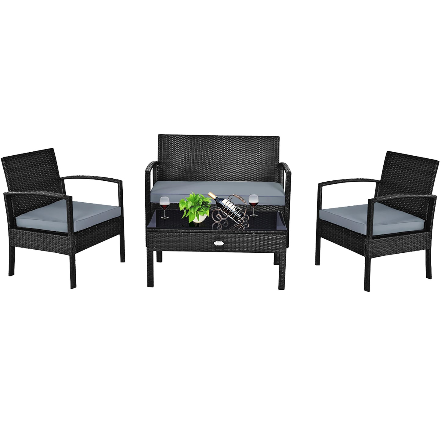 4pcs - PE RATTAN/WICKER METAL FRAME PATIO FURNITURE SET