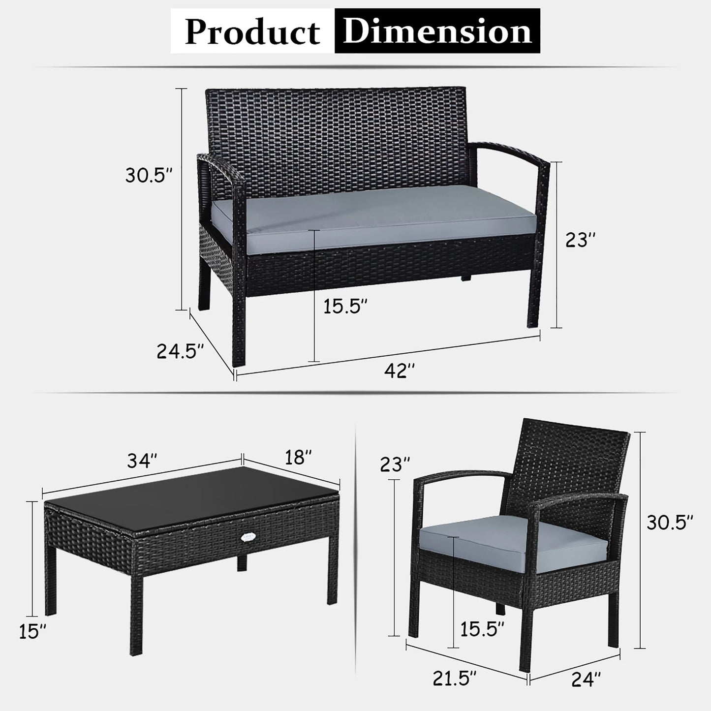 4pcs - PE RATTAN/WICKER METAL FRAME PATIO FURNITURE SET