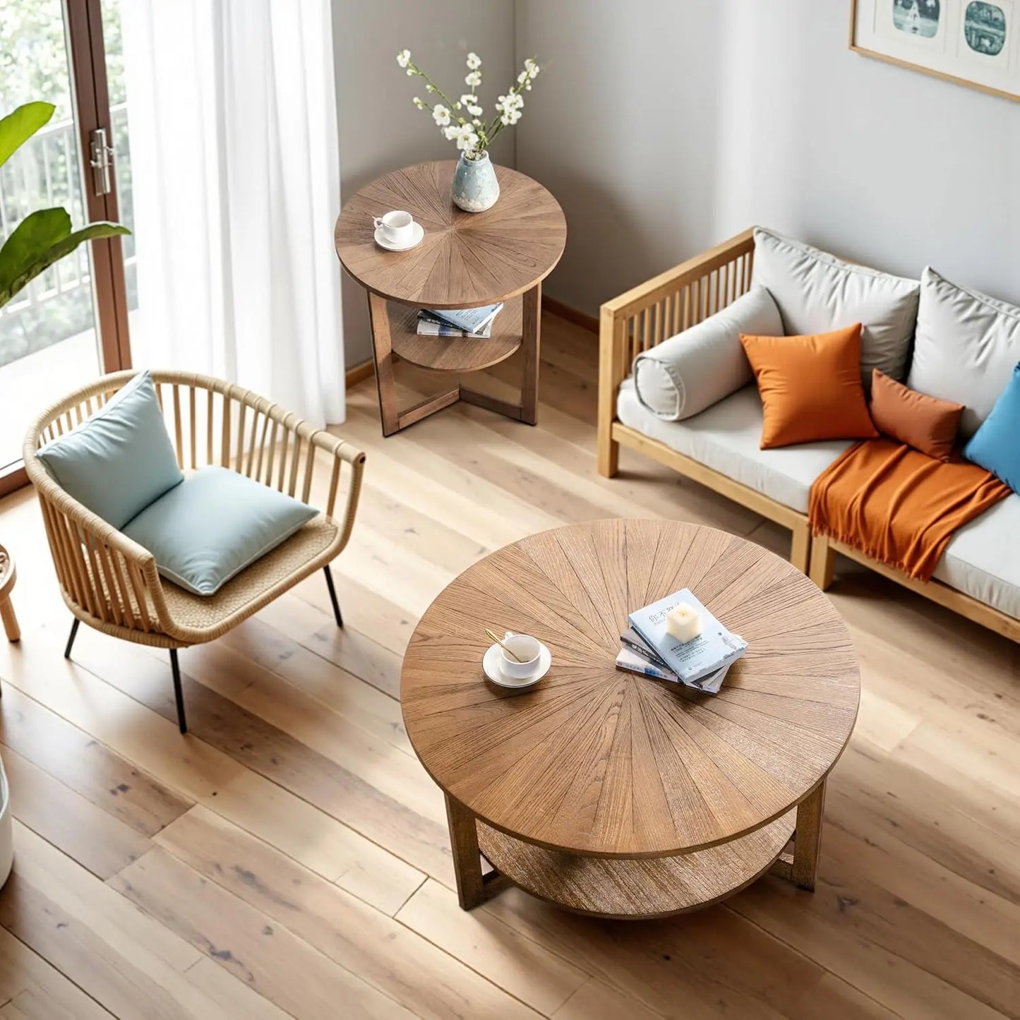 35in x 35in x 17.8in - 2-TIER ROUND RUSTIC WOODEN COFFEE TABLE W/STORAGEe Table for Living Room, 2 Tier Circle Coffee Table with Storage, Rustic Natural Coffee Table (35" Dx35 Wx18 H)