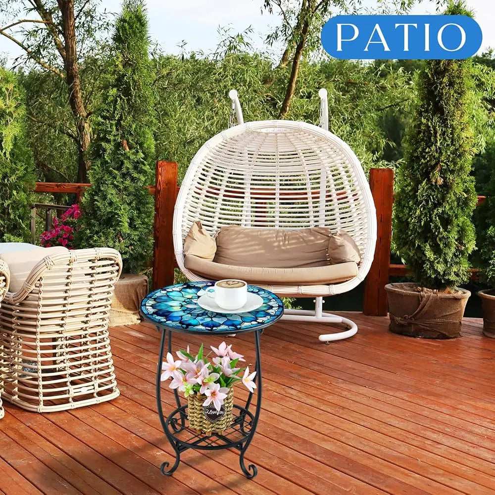 14in - INDOOR/OUTDOOR MOSAIC SIDE TABLE W/PLANT SHELF