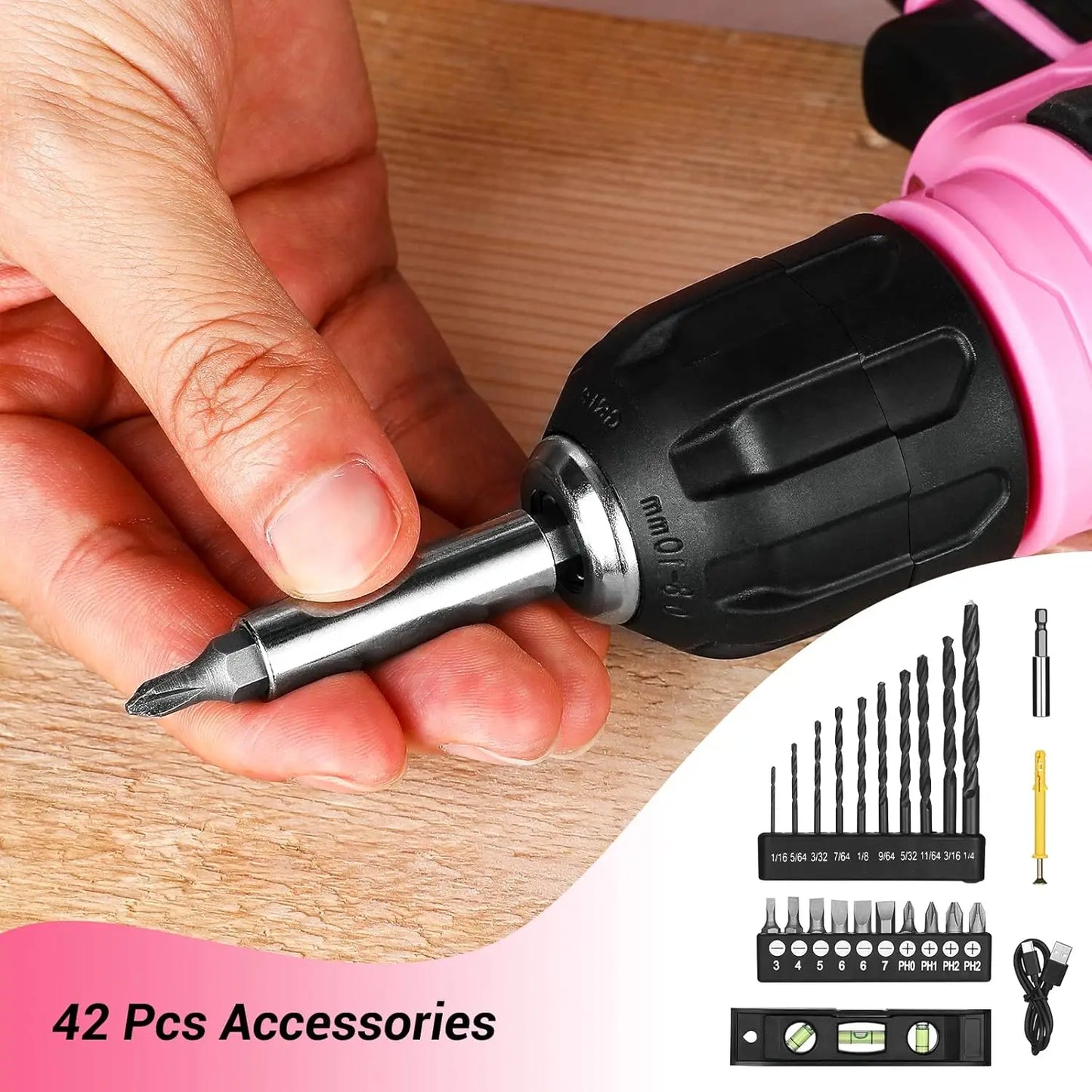 8V, 3/8" Pink Cordless Drill Set with Keyless Chuck