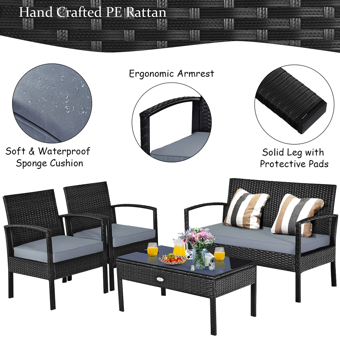 4pcs - PE RATTAN/WICKER METAL FRAME PATIO FURNITURE SET