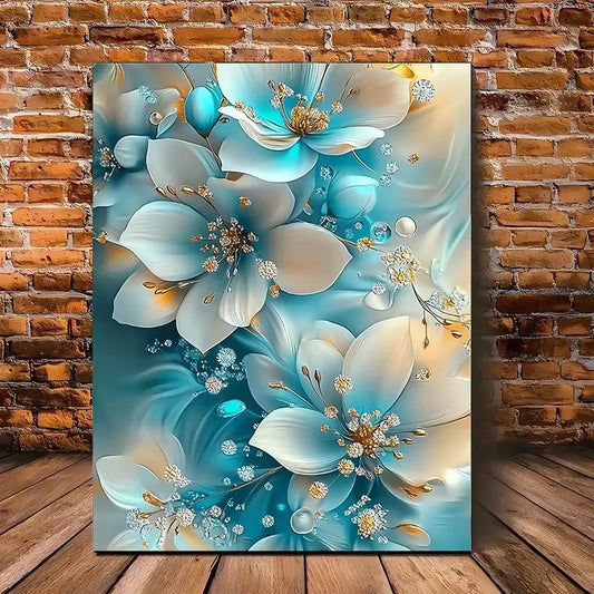 12in x 16in - ELEGANT FRAMED OIL PAINTING, SENENE BLUE & WHITE