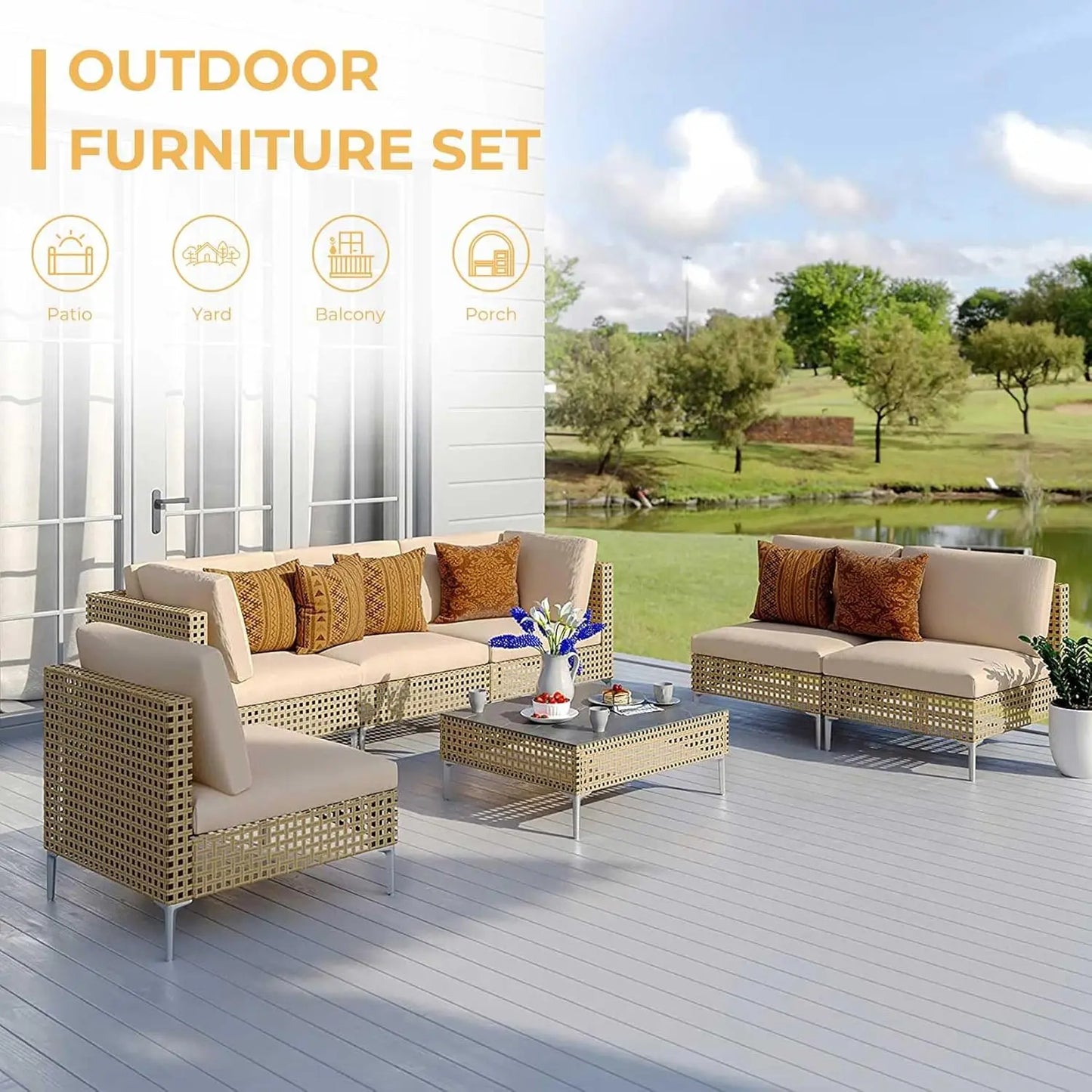 7pcs - PE RATTAN/WICKER PATIO FURNITURE CONVERSATION SECTIONAL SET