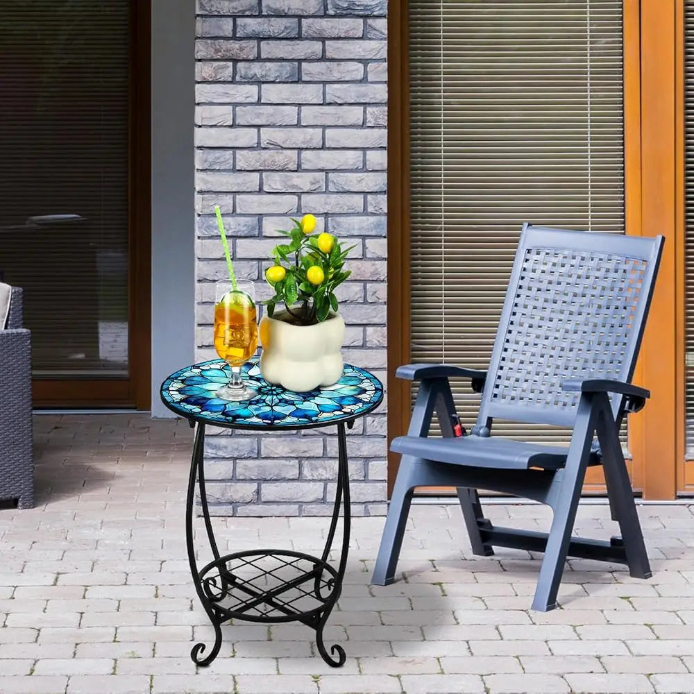 14in - INDOOR/OUTDOOR MOSAIC SIDE TABLE W/PLANT SHELF
