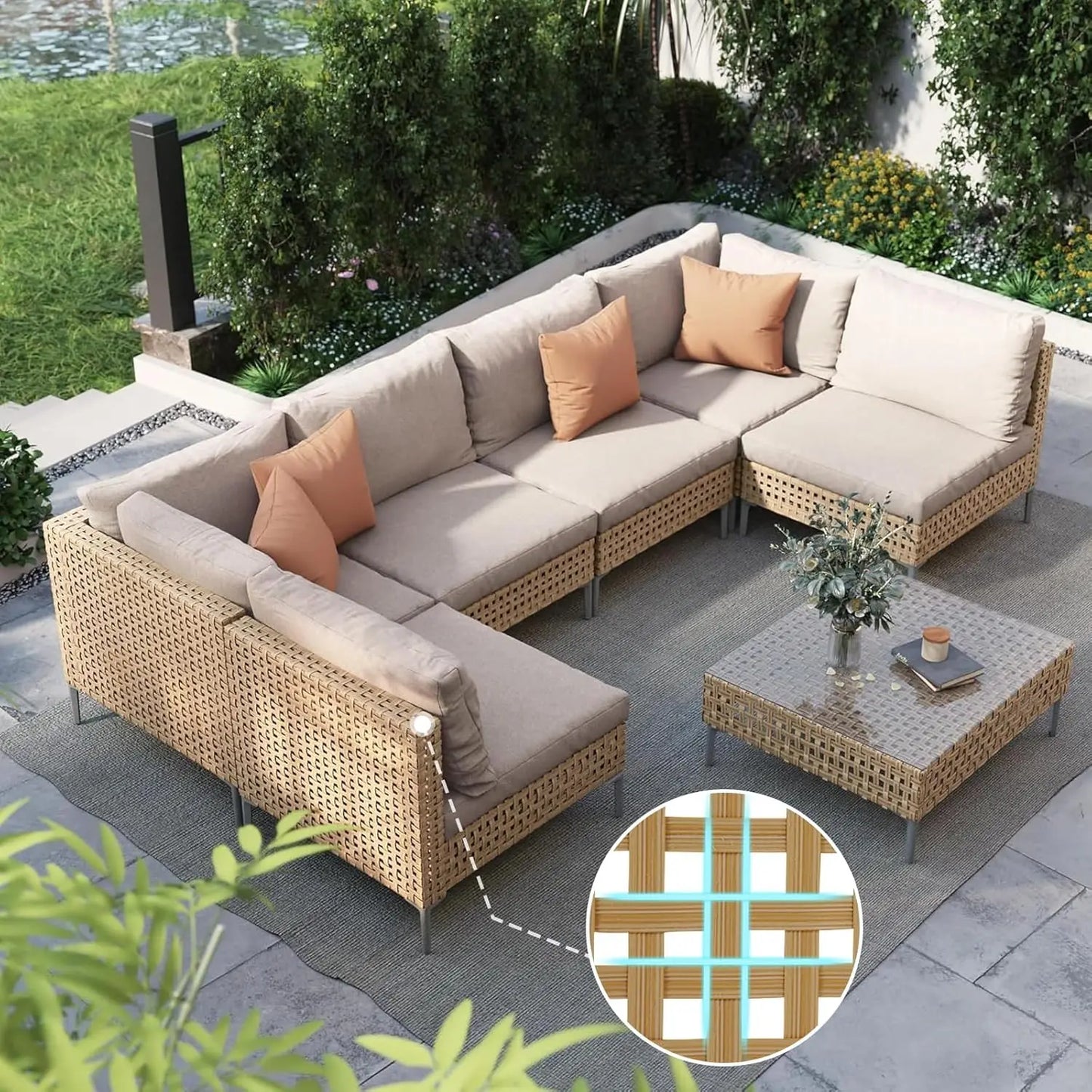 7pcs - PE RATTAN/WICKER PATIO FURNITURE CONVERSATION SECTIONAL SET