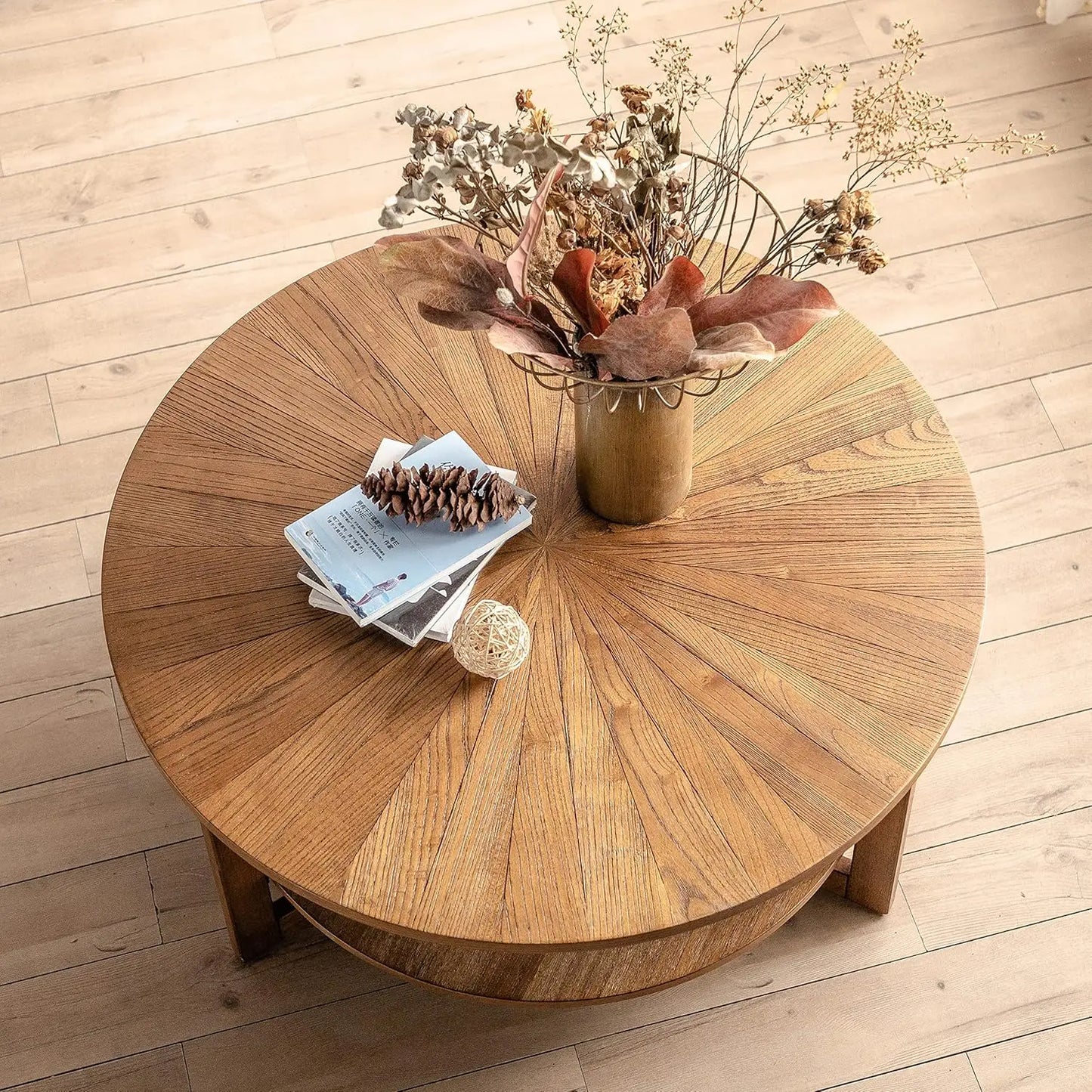 35in x 35in x 17.8in - 2-TIER ROUND RUSTIC WOODEN COFFEE TABLE W/STORAGEe Table for Living Room, 2 Tier Circle Coffee Table with Storage, Rustic Natural Coffee Table (35" Dx35 Wx18 H)