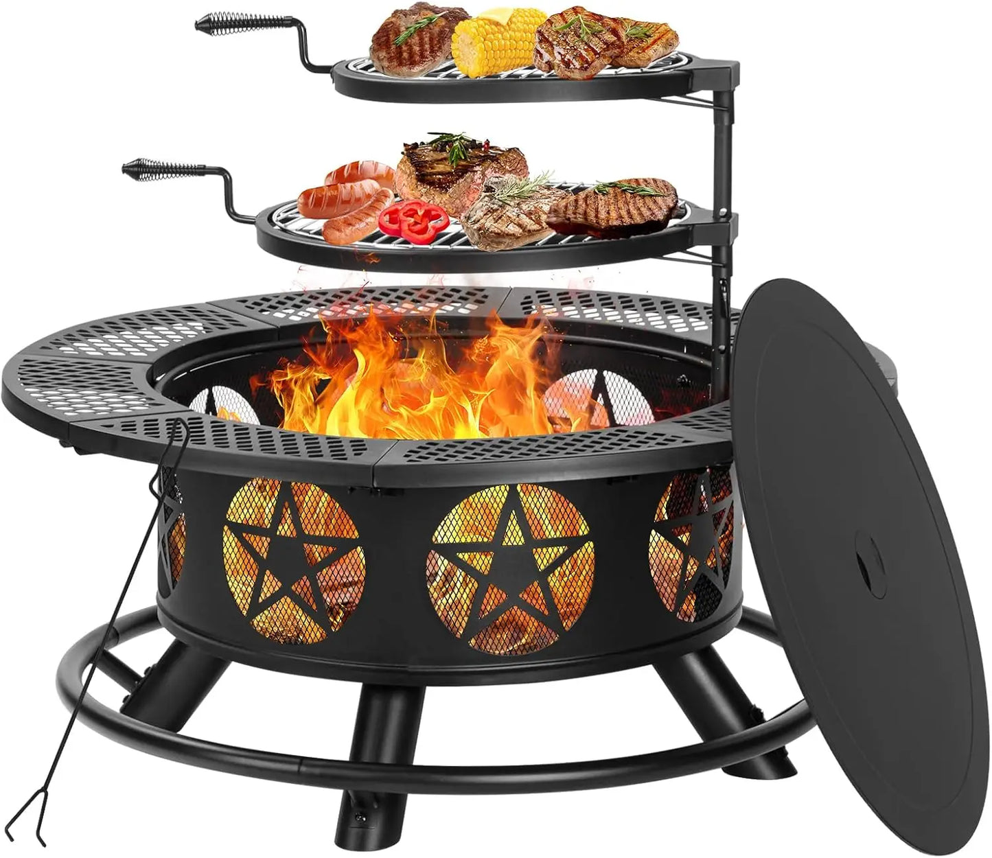 36in x 36in x 29in - WOOD BURNING FIRE PIT W/2-GRILLS, POKER & LID