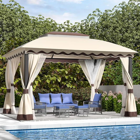 10ft ×13ft -  DOUBLE ROOF STEEL OUTDOOR GAZEBO W/MOSQUITO NETTING
