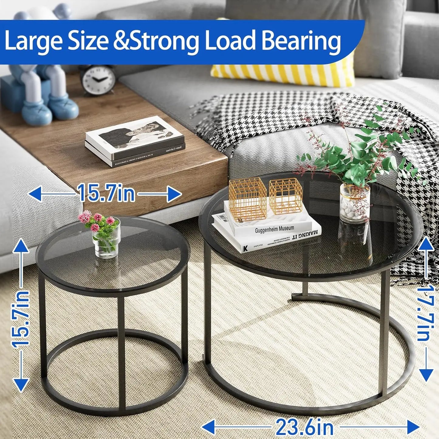 2pcs, 23.6in x 23.6in x 17.7in - GREY GLASS SMALL ROUND NESTING COFFEE TABLE