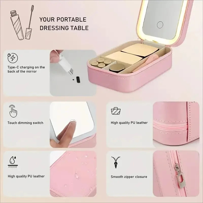 1X/10X MAGNIFICATION PINK FAUX LEATHER LED COMPACT MIRROR