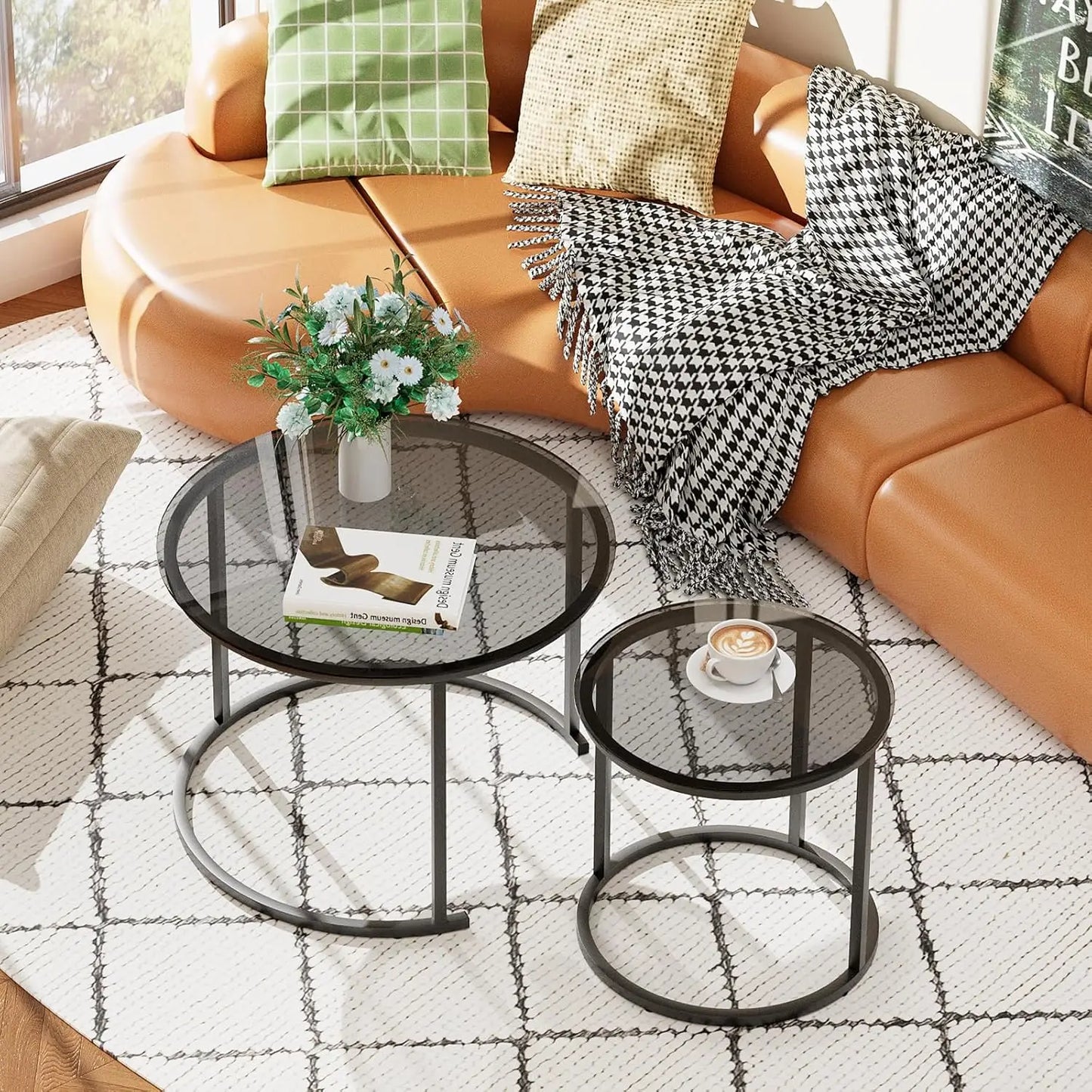 2pcs, 23.6in x 23.6in x 17.7in - GREY GLASS SMALL ROUND NESTING COFFEE TABLE