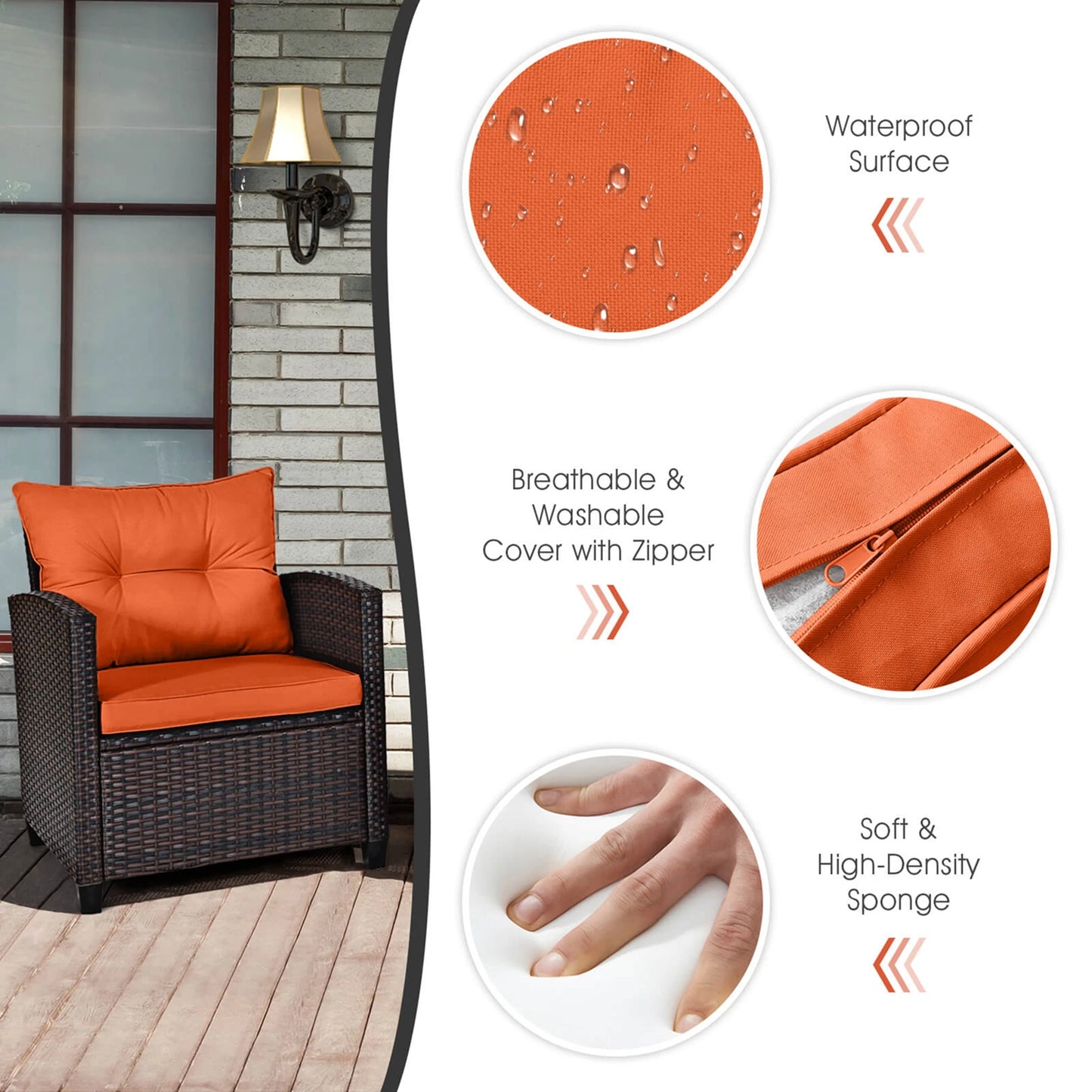 3PCS - PATIO RATTAN ORANGE CUSHIONED CONVERSATION SET FURNITURE
