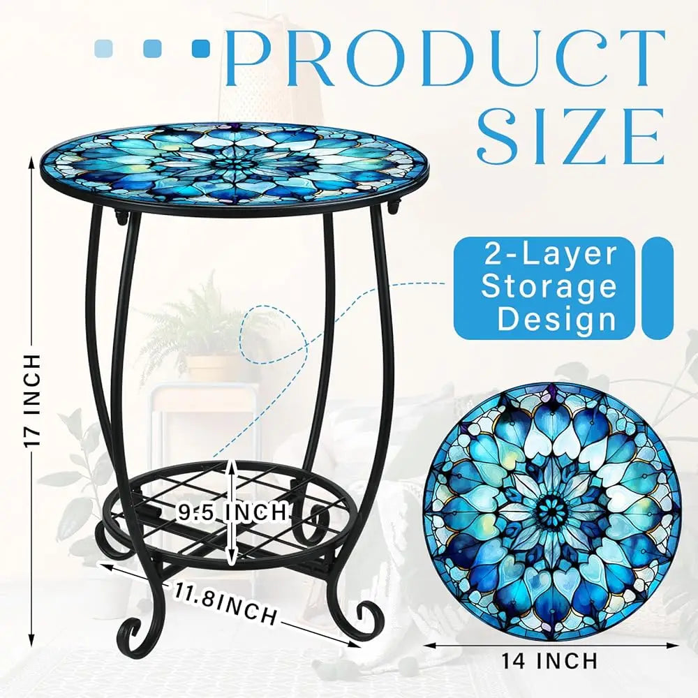 14in - INDOOR/OUTDOOR MOSAIC SIDE TABLE W/PLANT SHELF