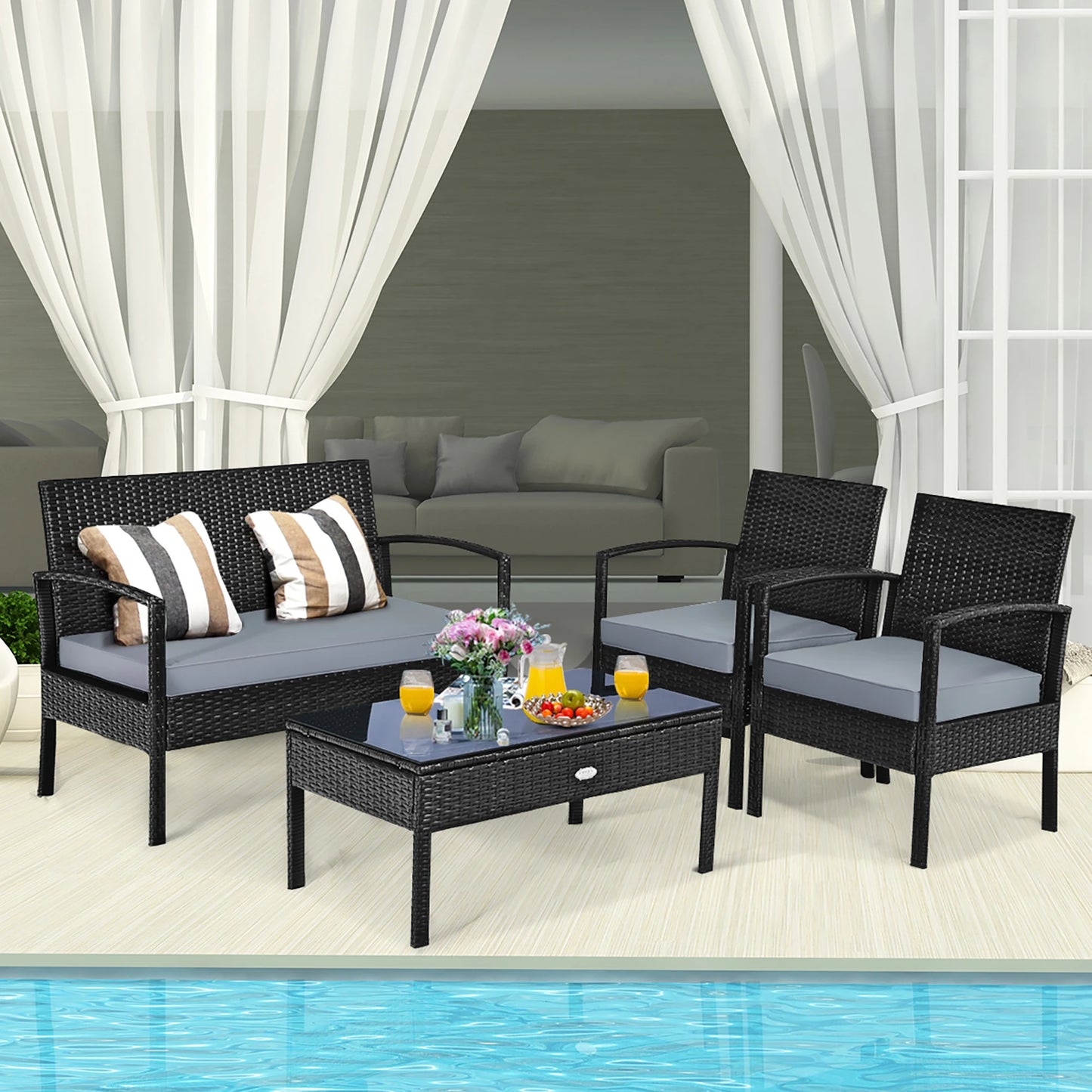 4pcs - PE RATTAN/WICKER METAL FRAME PATIO FURNITURE SET